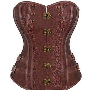 Waist Trainer Brocade Steampunk Jacquard Leather Studded Overbust Corset Sz XXL